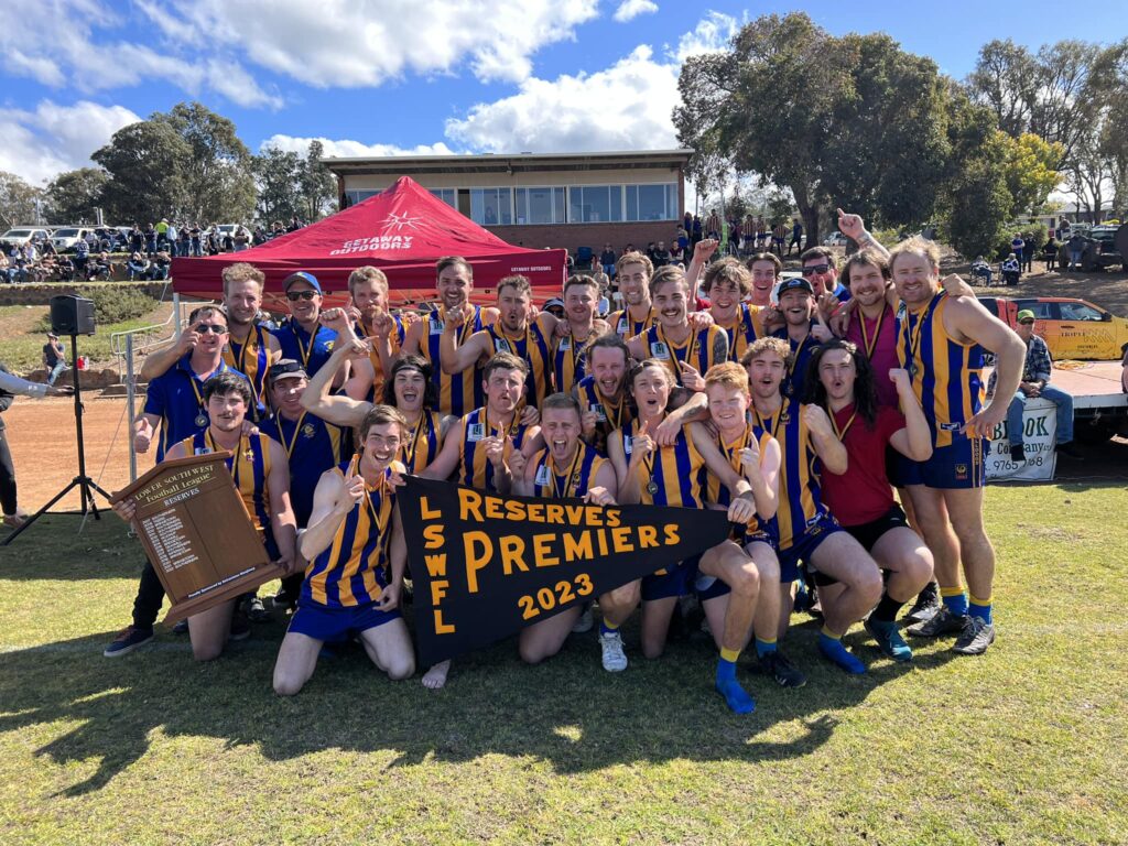 Bridgetown celebrate their 2023 LSWFL Retravision Manjimup Reserves Premiership.
