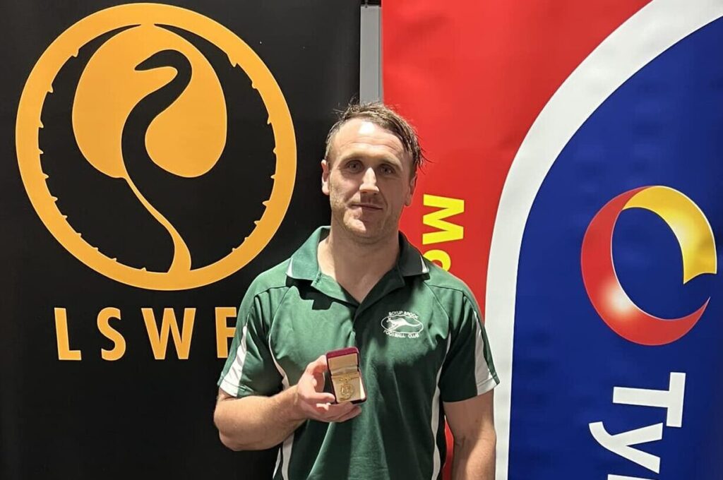 David Cowan of Boyup Brook Football Club receives the 2024 Tyrepower Manjimup Medal as the League Best & Fairest at the Lower South West Football League presentation.