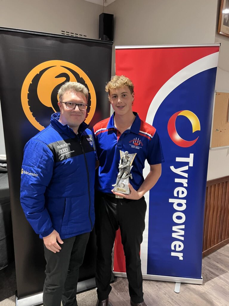 Hamish Omodei of Southerners Football Club receives the 2024 East Perth Football Club Colts Best & Fairest Medal at the Lower South West Football League presentation.