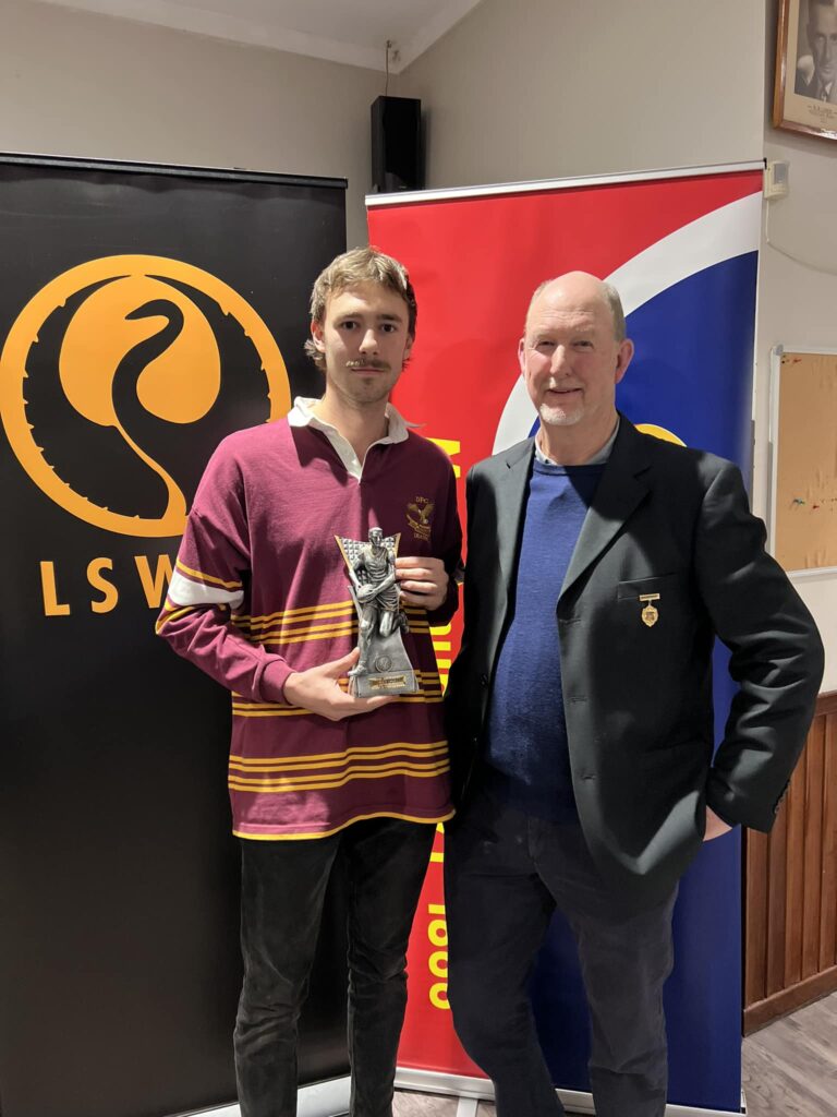 Jacob Henry of Deanmill Football Club receives the 2024 Retravision Manjimup Reserves Best & Fairest Medal at the Lower South West Football League.presentation.