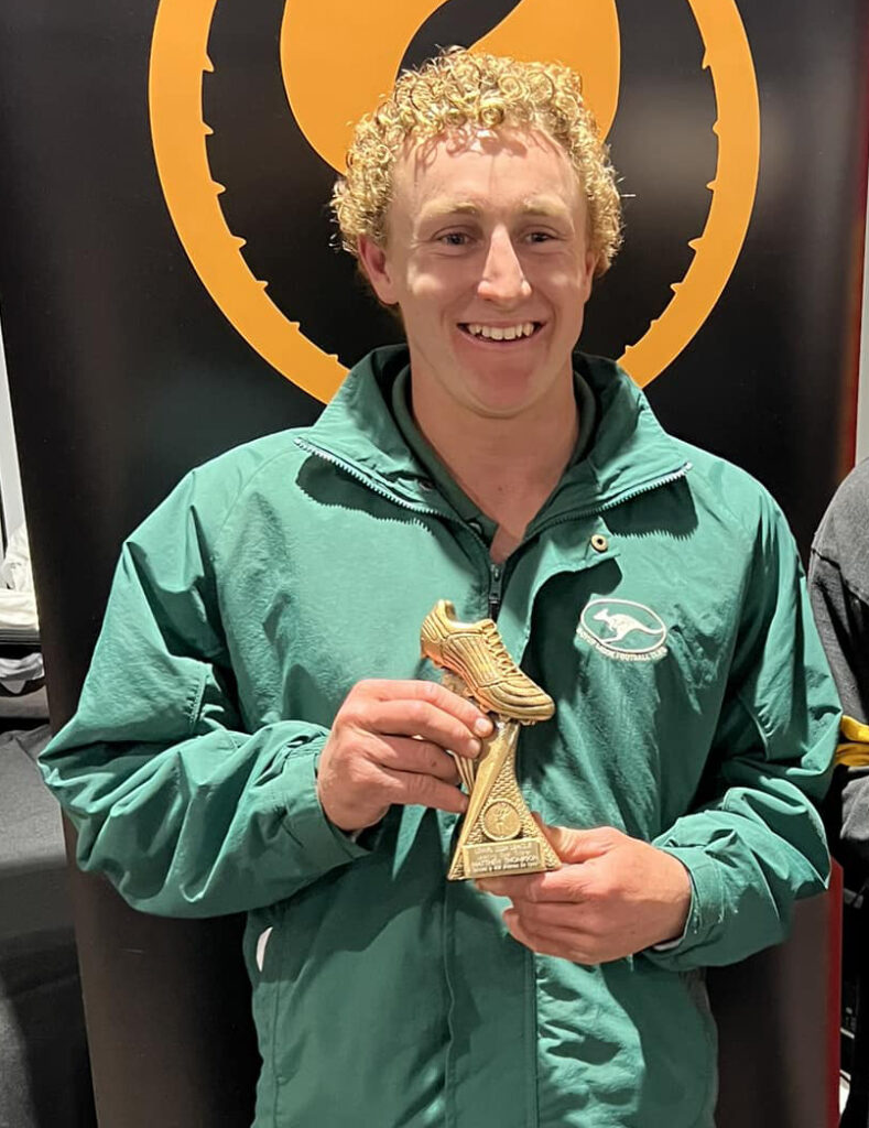 Matthew Thompson of Boyup Brook Football Club receives the 2024 League Leading Goalkicker award at the Lower South West Football League presentation.